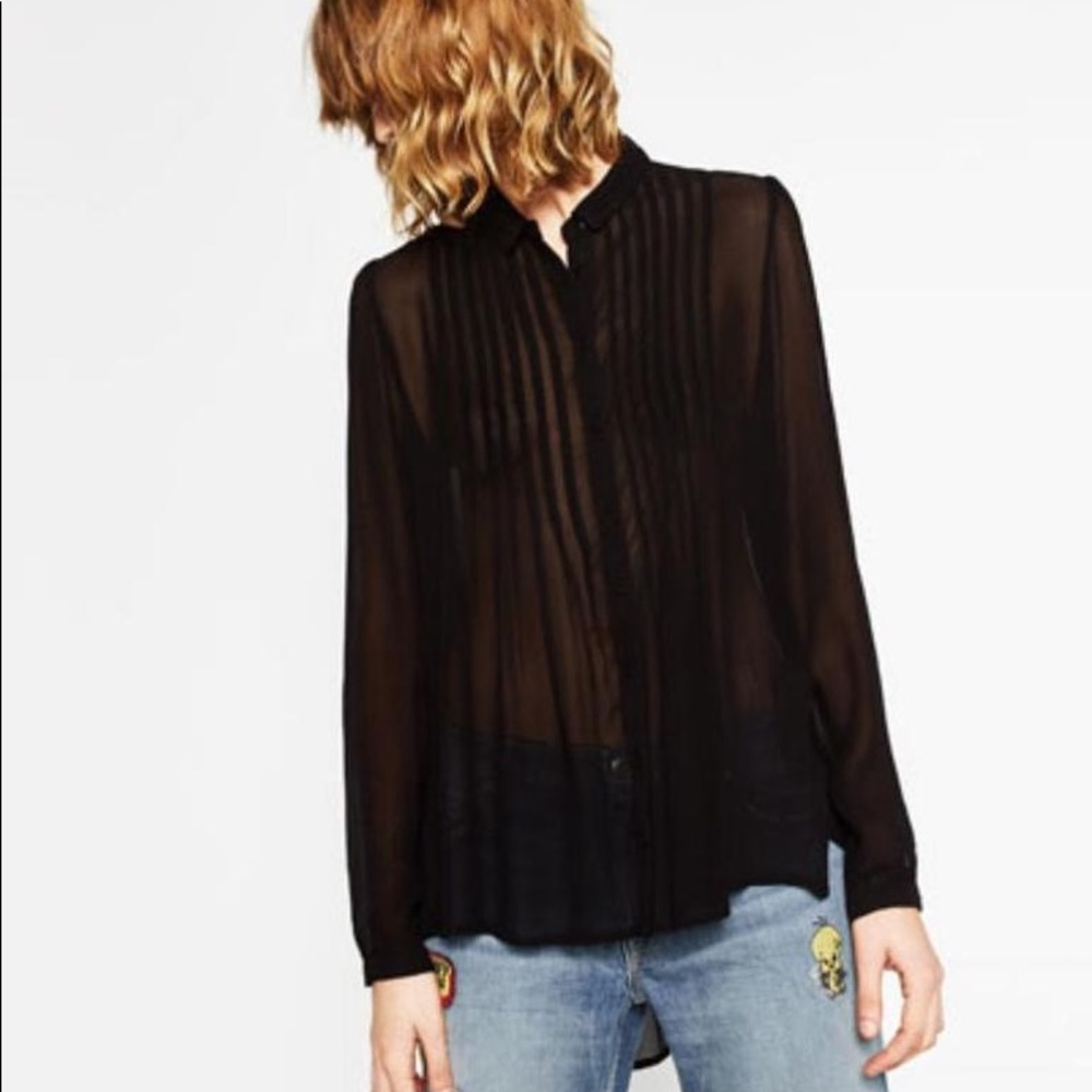Zara Black Long Sleeve Asymmetrical Sheer Blouse M